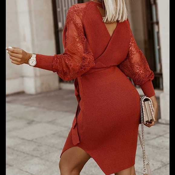 Khaki ribbed knit double v neck wrap waist floral lace sleeve sweater dress - Picture 5 of 5